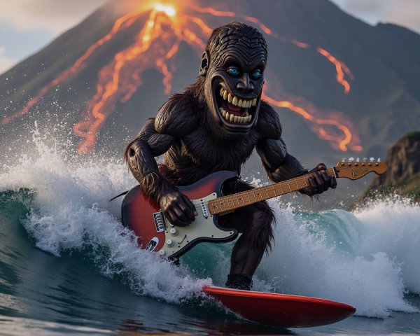 Gorilla-like creature surfing with guitar and volcano backdrop