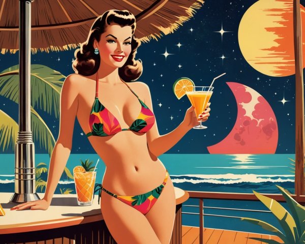 Retro Illustration of Woman with Tropical Cocktail