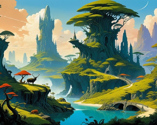 Vibrant Fantasy Landscape with Majestic Wildlife