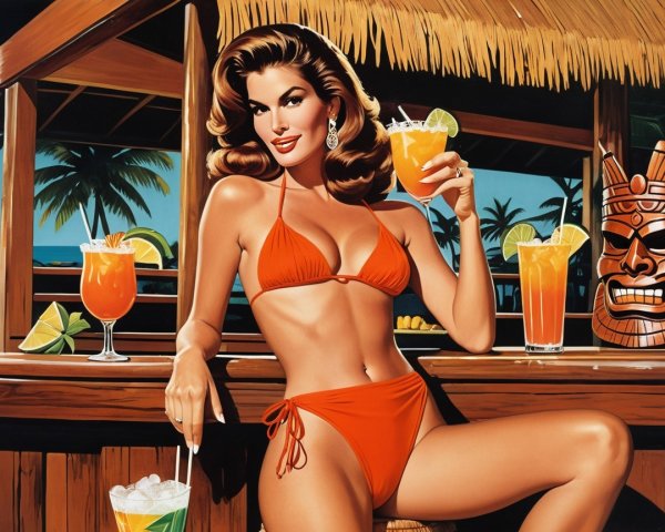Glamorous Woman in Orange Bikini at Tropical Bar