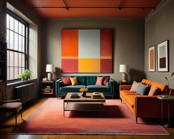 Modern Living Room with Dark Teal Sofa and Artwork