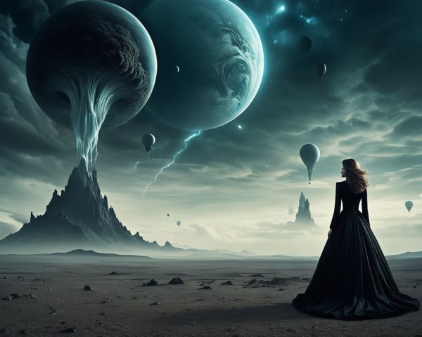 Surreal Landscape with Woman in Black Dress and Planets