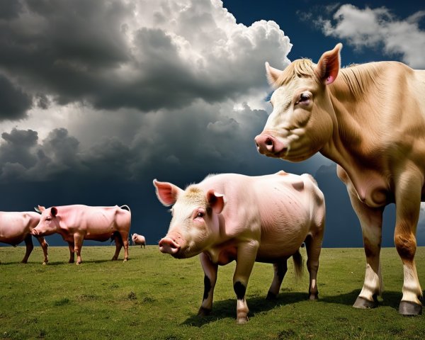 Animals in a Field Under a Dramatic Sky
