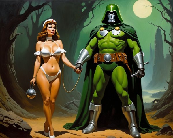 Muscular Green-Skinned Superhero in Misty Forest Scene