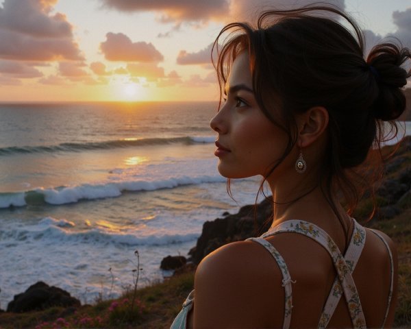 Young woman by coastline at sunset with soft waves