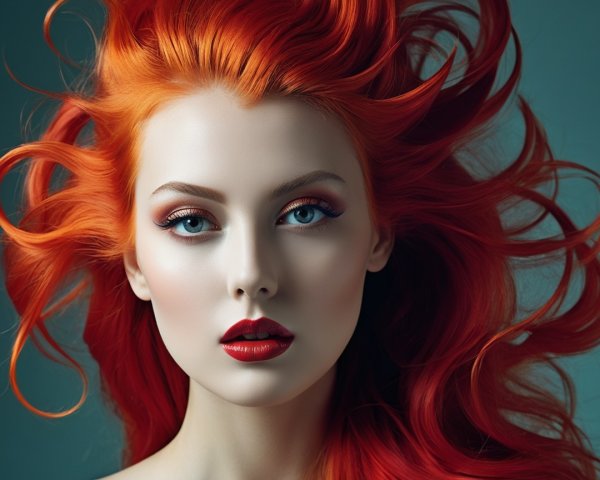 Close-Up Portrait of a Woman with Copper Hair and Blue Eyes