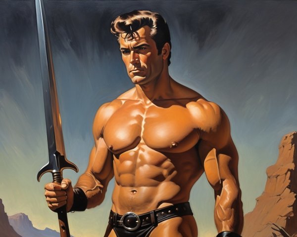 Muscular Man in Heroic Pose with Sword in Mountains