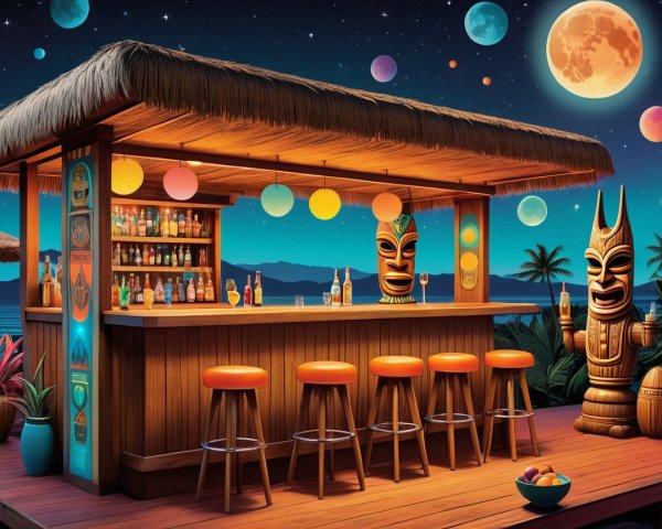 Tropical Tiki Bar Under Starry Sky and Vibrant Planets
