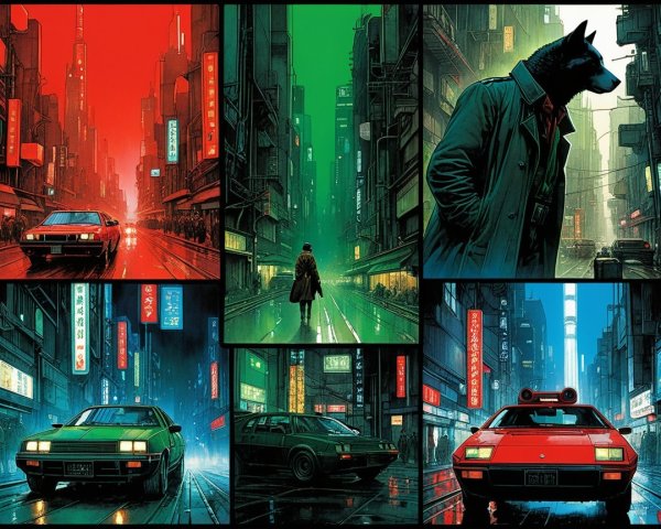 Futuristic city cyberpunk collage with monochrome panels