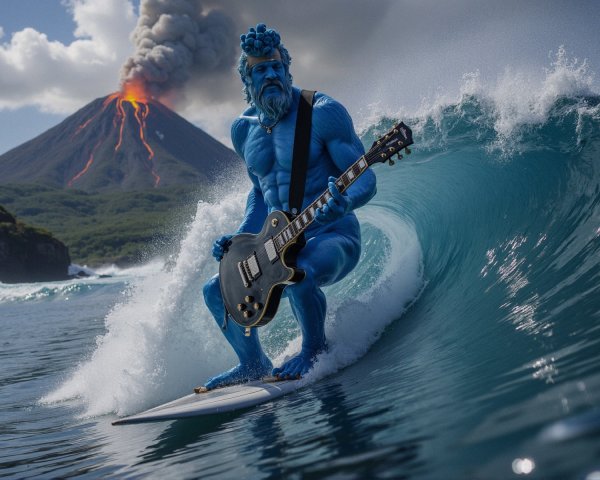 Muscular Blue Figure Surfing with Erupting Volcano Background