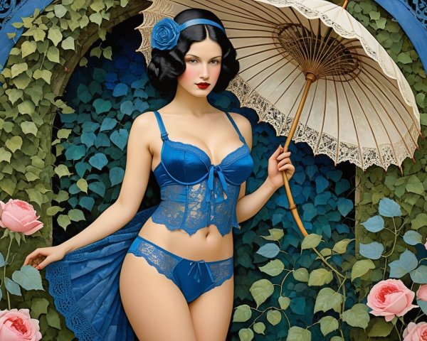 Glamorous Woman in Blue Lingerie with Parasol