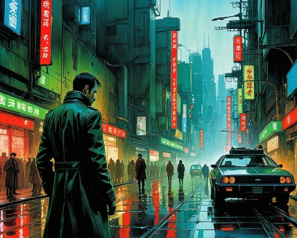 Futuristic Cityscape at Night with Neon Lights and Rain