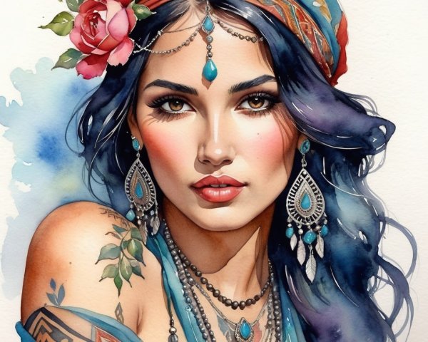 Portrait of a Woman with Dark Hair and Headscarf