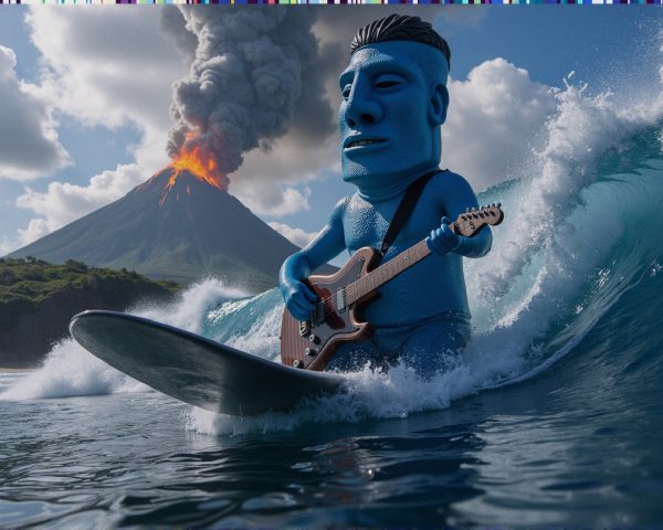 Giant Moai figure surfing with guitar amidst volcano eruption