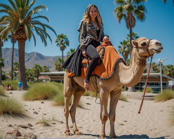Young woman riding camel in vibrant sandy landscape