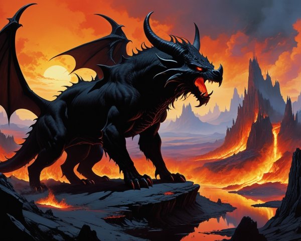 Black Dragon Overlooking Fiery Landscape and Lava Rivers