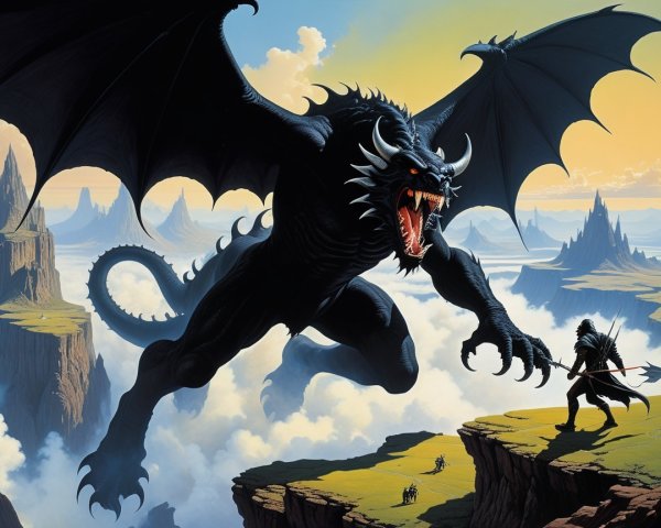 Colossal Black Dragon Faces Lone Warrior on Cliff