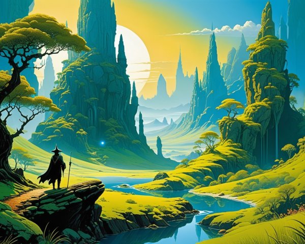 Serene landscape with mountains, river, and lone figure