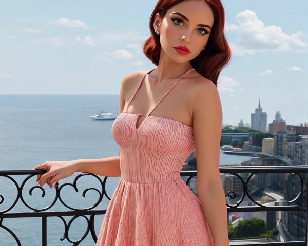 Elegant Woman in Pink Dress Overlooking Ocean View