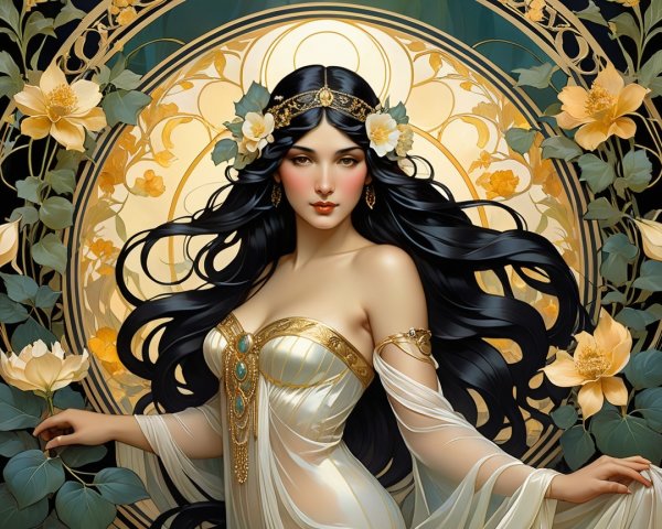 Mystical Woman in Ethereal Gown Surrounded by Flowers