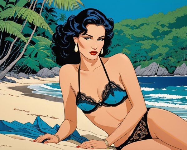 Glamorous Woman in Teal Bikini on Tropical Beach