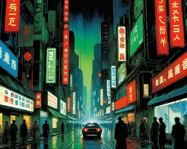 Cyberpunk Night Scene in a Rainy Cityscape