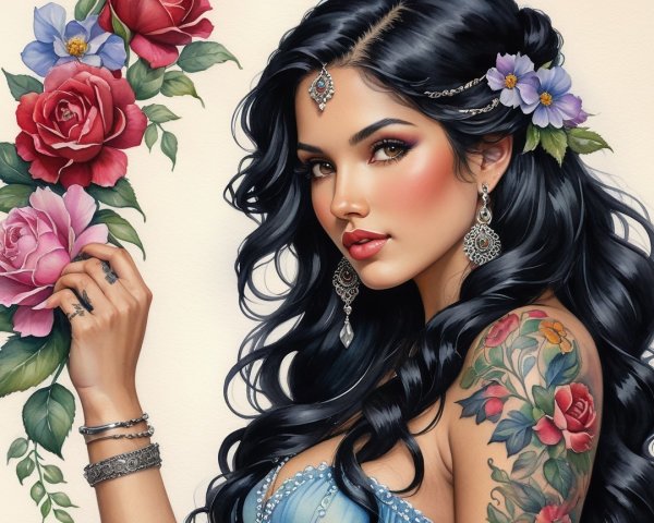 Beautiful woman with flowers, jewelry, and roses