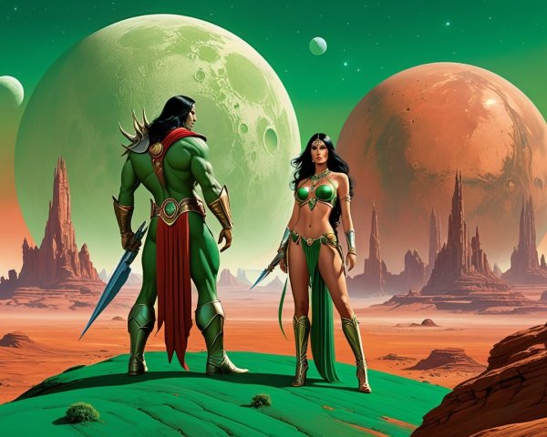 Heroic Figures in Alien Landscape with Moons
