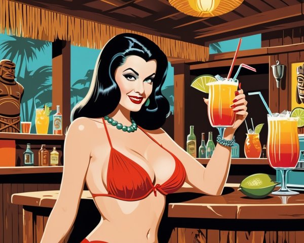 Retro Tropical Scene with Glamorous Woman and Cocktails