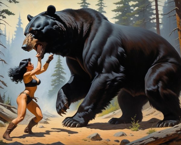 Confrontation Between Woman and Black Bear in Forest