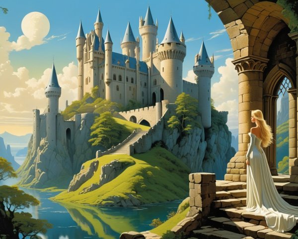 Castle on Cliff Overlooking Serene Water and Mountains