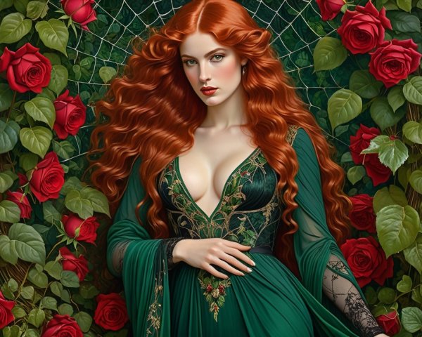 Elegant Woman in Green Gown Surrounded by Roses