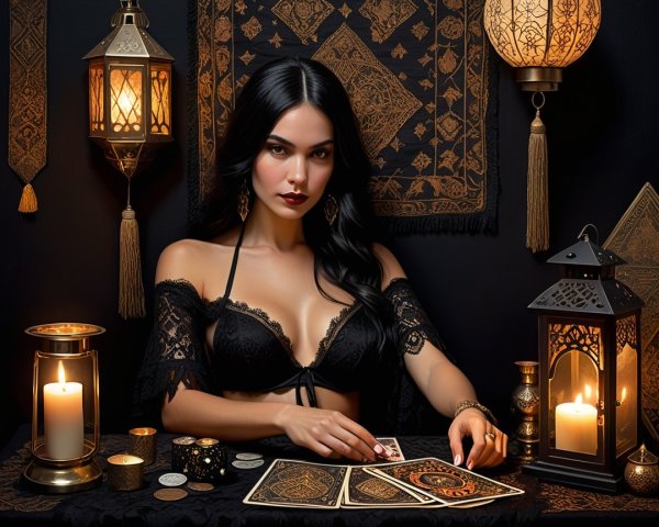 Mysterious Woman Reading Tarot in Dimly Lit Setting