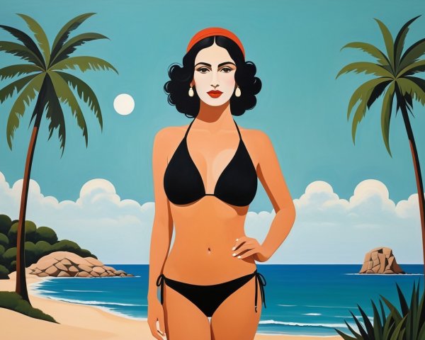 Retro Beach Scene with Confident Woman in Bikini