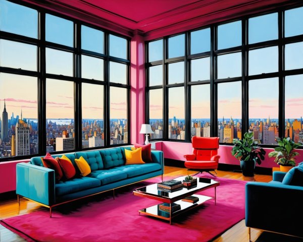 Vibrant Penthouse with Cityscape Views and Bold Decor