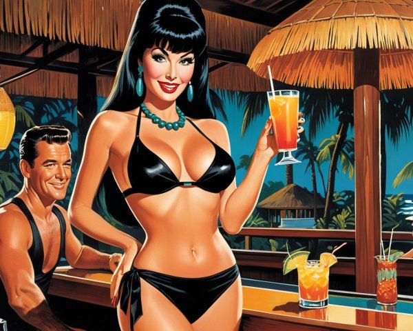 Glamorous Woman in Black Bikini at Tropical Beach Scene