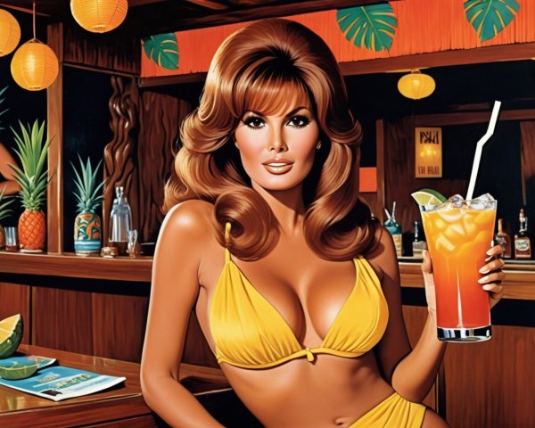 Glamorous Woman at Tropical Bar in Yellow Bikini