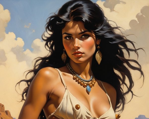 Woman with Dark Hair in Beige Top Against Blue Sky