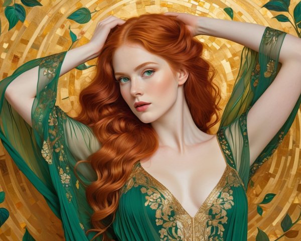 Striking Woman in Green Dress Against Golden Backdrop