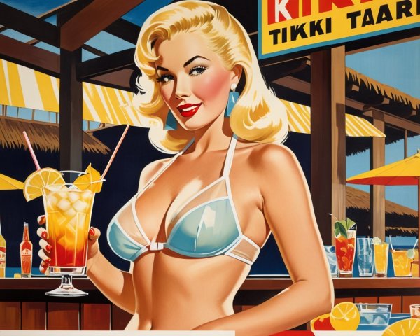 Glamorous Woman in Blue Bikini at Tiki Bar Illustration