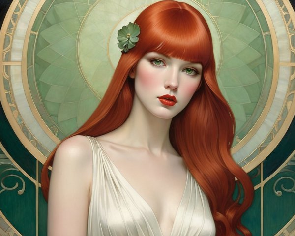 Young woman in white gown with red hair and green backdrop