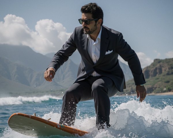 Man in Grey Suit Surfing Turquoise Waves with Mountains