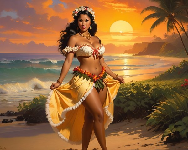 Stunning Woman in Traditional Outfit at Sunset Beach