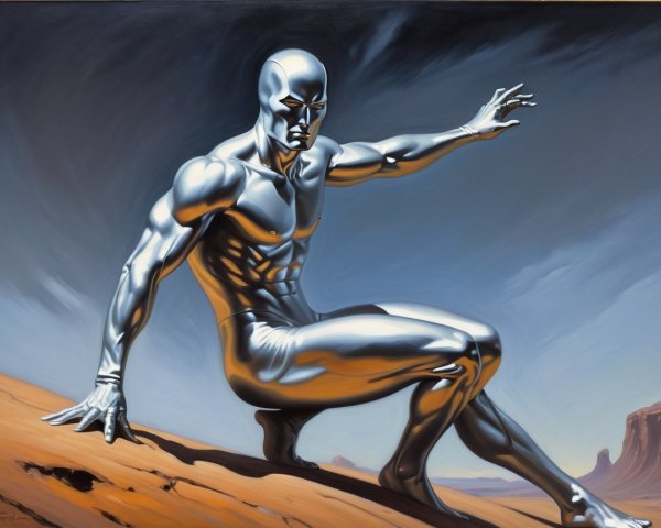 Metallic Humanoid Figure Posing on Sandy Dune