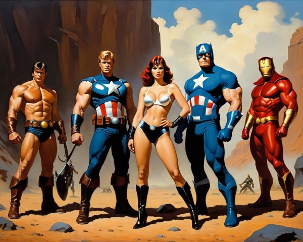 Superheroes in Iconic Costumes in Desert Landscape