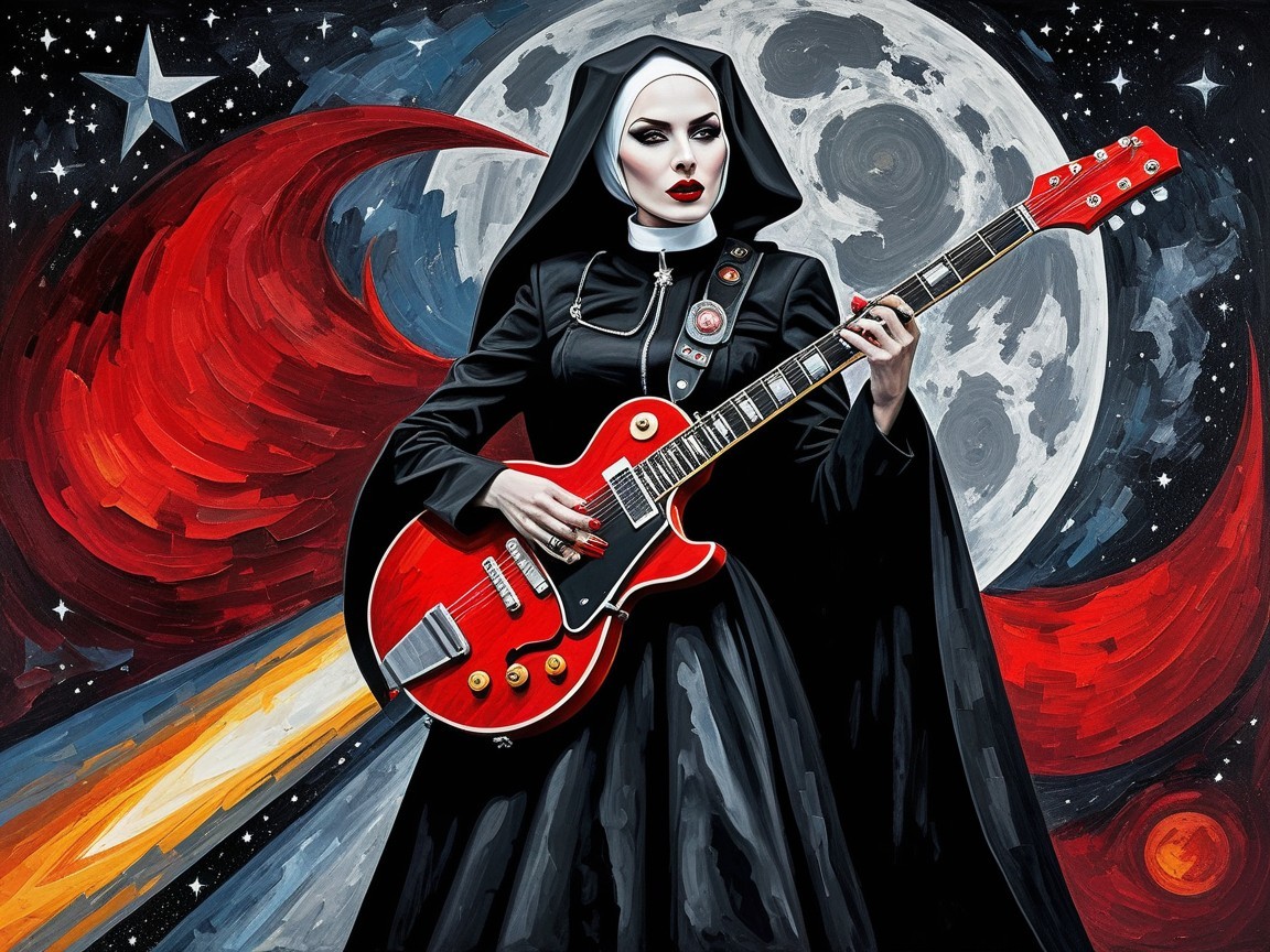 Nun Playing Electric Guitar in Cosmic Background