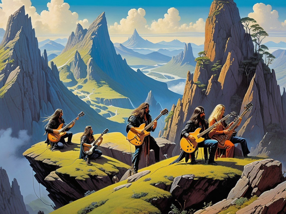 Musicians Performing on Cliffs Amidst Scenic Landscape