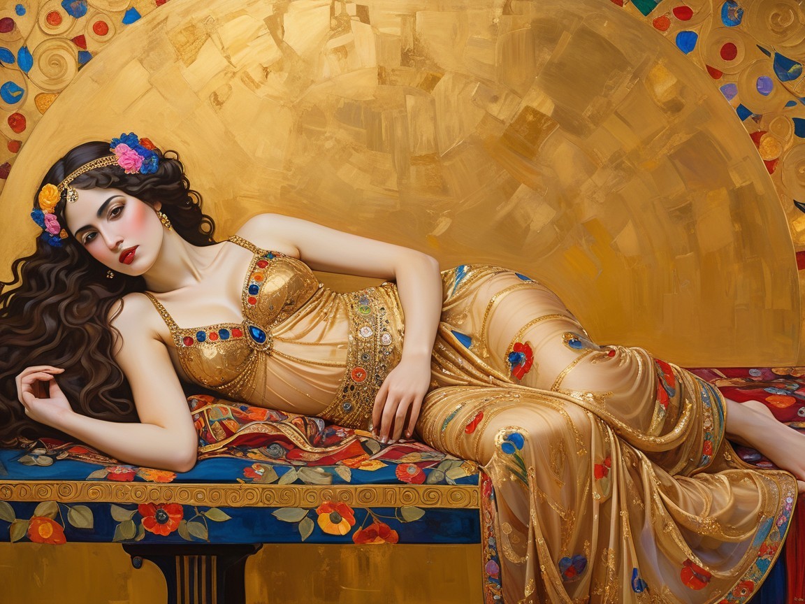Stunning Woman in Golden Gown on Ornate Table