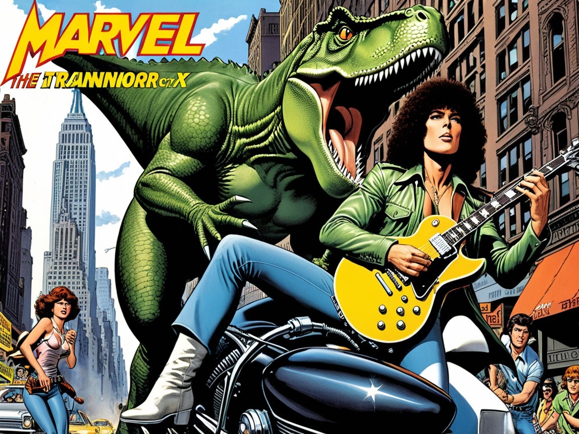 Dinosaur and Rockstar in Dynamic City Comic Cover