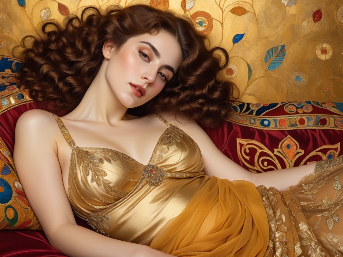 Elegant Woman in Gold on Richly Colored Fabric